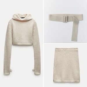 Zara LIMITED EDITION Wool and Alpaca Blend Cropped Hooded Sweater,Mini Skirt Set